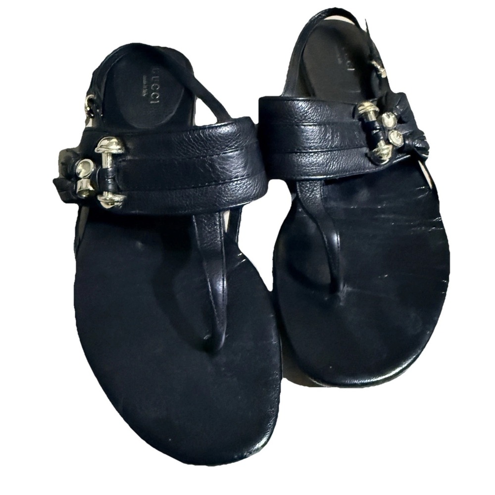 Gucci Shoes Horsebit Sandals Womens 38.5 Black Leather Slingback Designer Chic